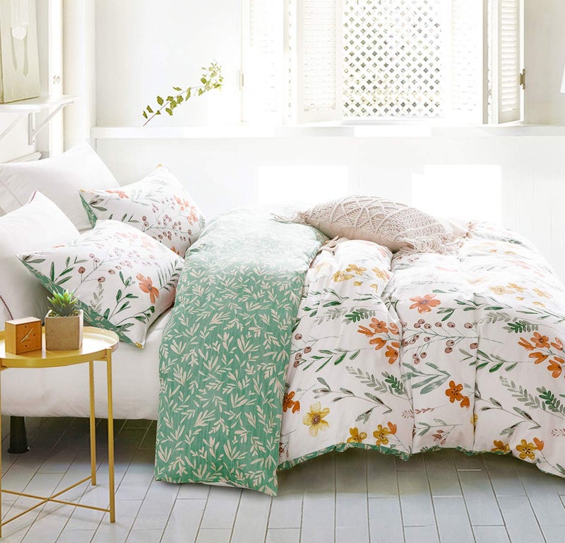 SLEEPBELLA Duvet Cover Queen, 600 Thread Count Cotton 3pcs Bedding Set Yellow Flowers and Green Branches Printed on White Reversible Comforter Cover - Image 2